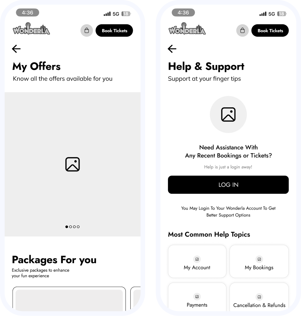 Account and help wireframes